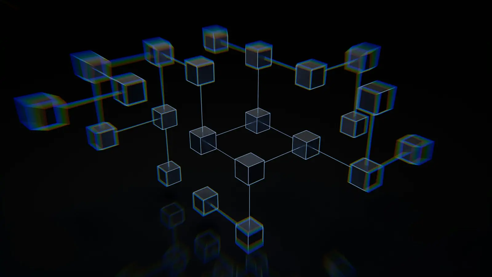 Abstract network of connected blocks on a dark background, like the nodes of an automated workflow