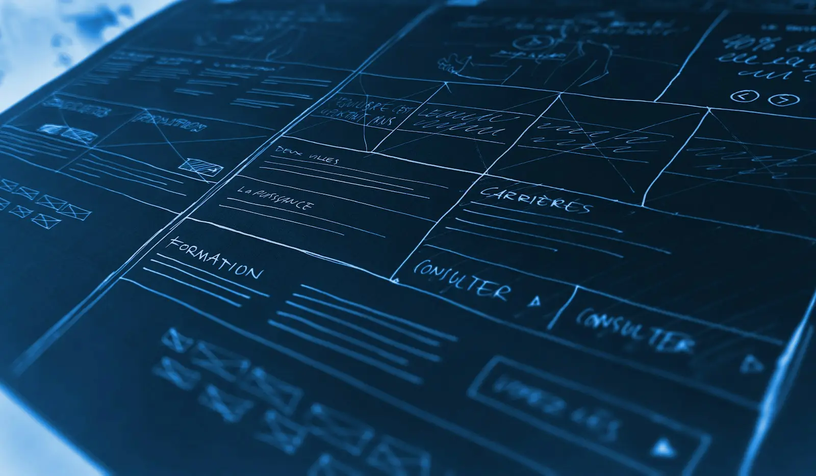 Blue technical diagrams of an information structure, drawn like a blueprint