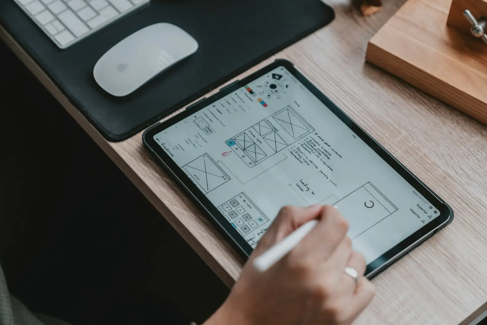 A hand sketching a screen layout on a tablet with a stylus